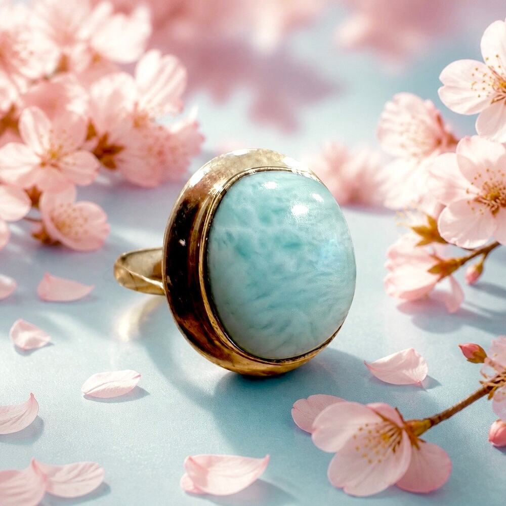 Larimar Handmade Oval Sterling Silver Ring Size 6 Boho